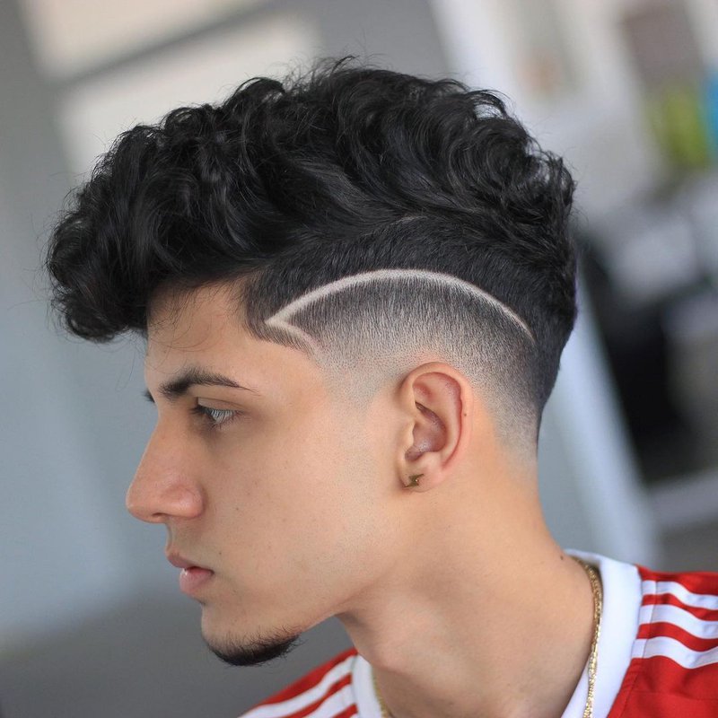 3 Low Fade Curly Hairstyle with Shaved Line