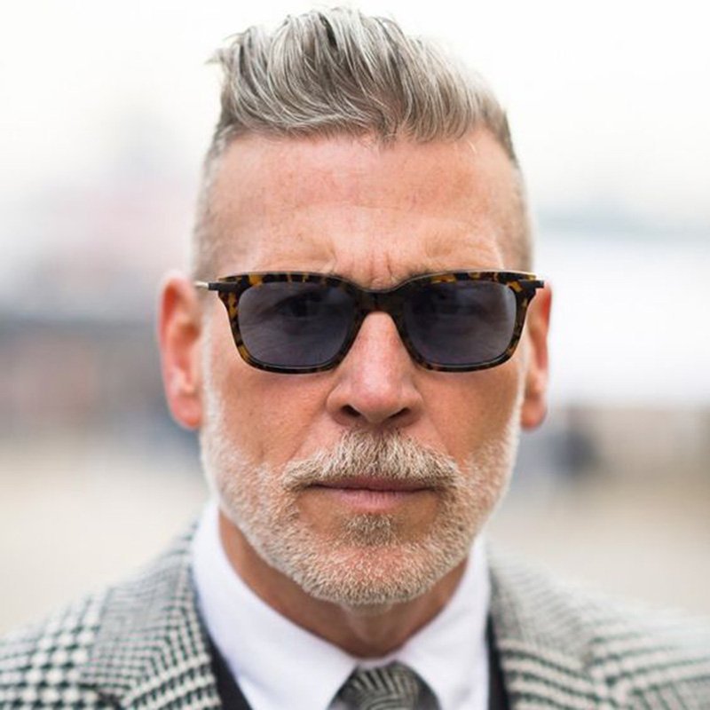 Short Gray Beard and Mustache with High Fade Haircut